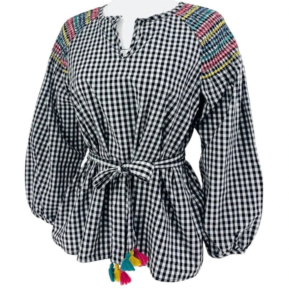 Madewell Embroidered Gingham Top Tassel Tie Peasant Puff Sleeve Plaid SZ Med